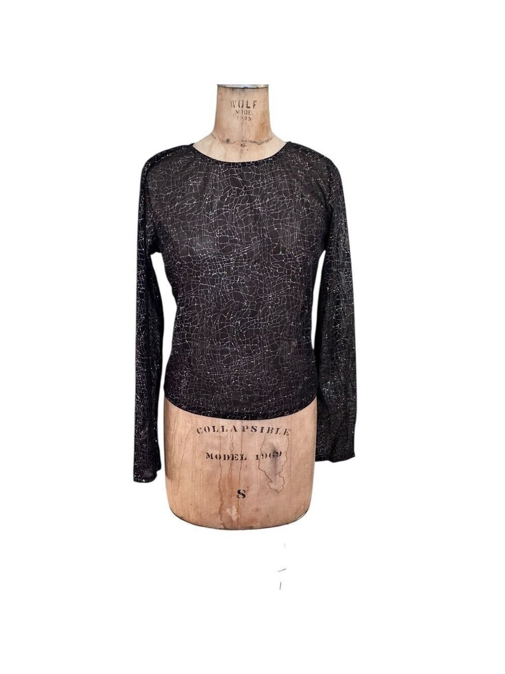 Saints And Hearts Black Sheer Mesh Top With Silver Abstract Detail Size L NWT